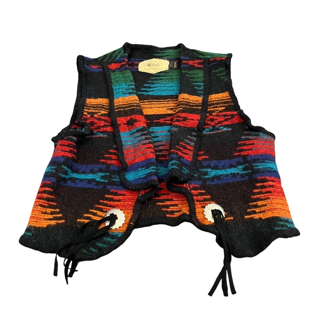 Vintage Woolrich Vest Womens L Multicolor Southwestern Aztec Wool Concho Fringe